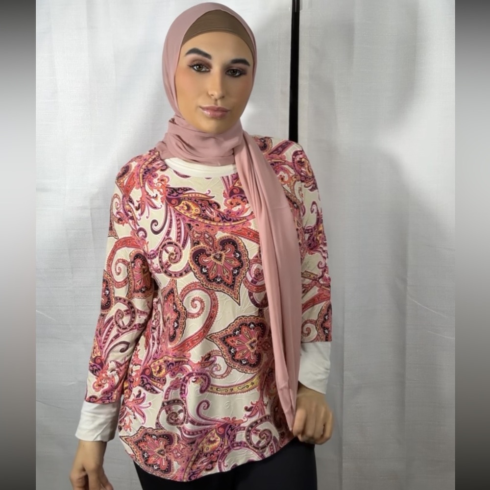 JM Collection Womens Blouse Stretch Knit Embroidered Boho Paisley Print Size XL